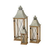 Decoris Firwood Lanterns with Glass Sides and Metal Roof Set of 3pcs 84cm - Natural